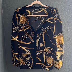 SHEIN Black and Gold Chain Print Blouse